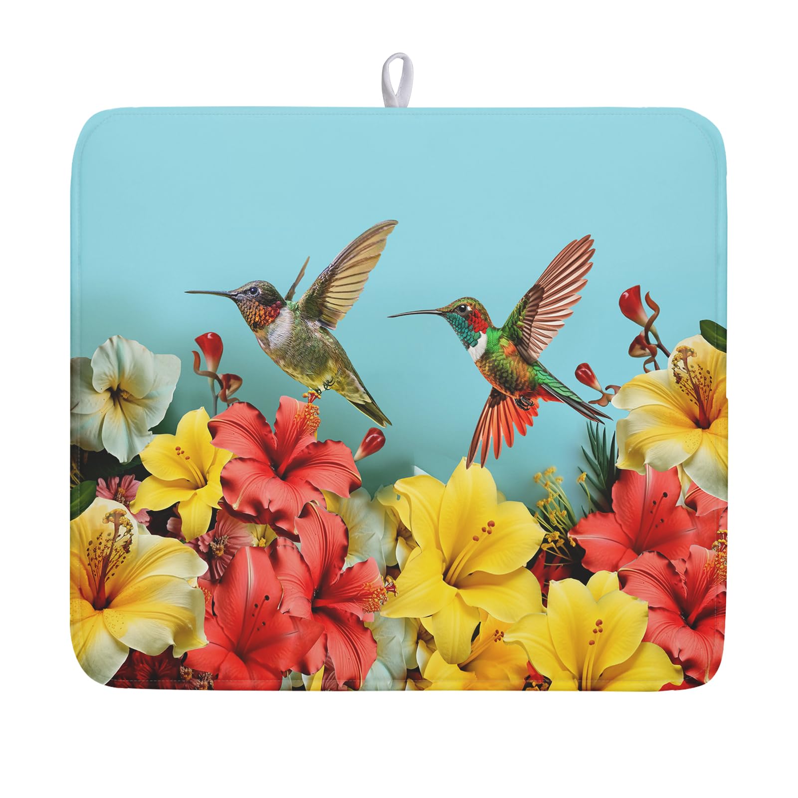 Hummingbirds Floral Dish Drying Mat for Kitchen Counter 16x18 In Hibiscus Tropical Drying Mat Farmhouse Fast Dry Absorbent Microfiber Dish Drainer Rack Pad for Countertop Decor