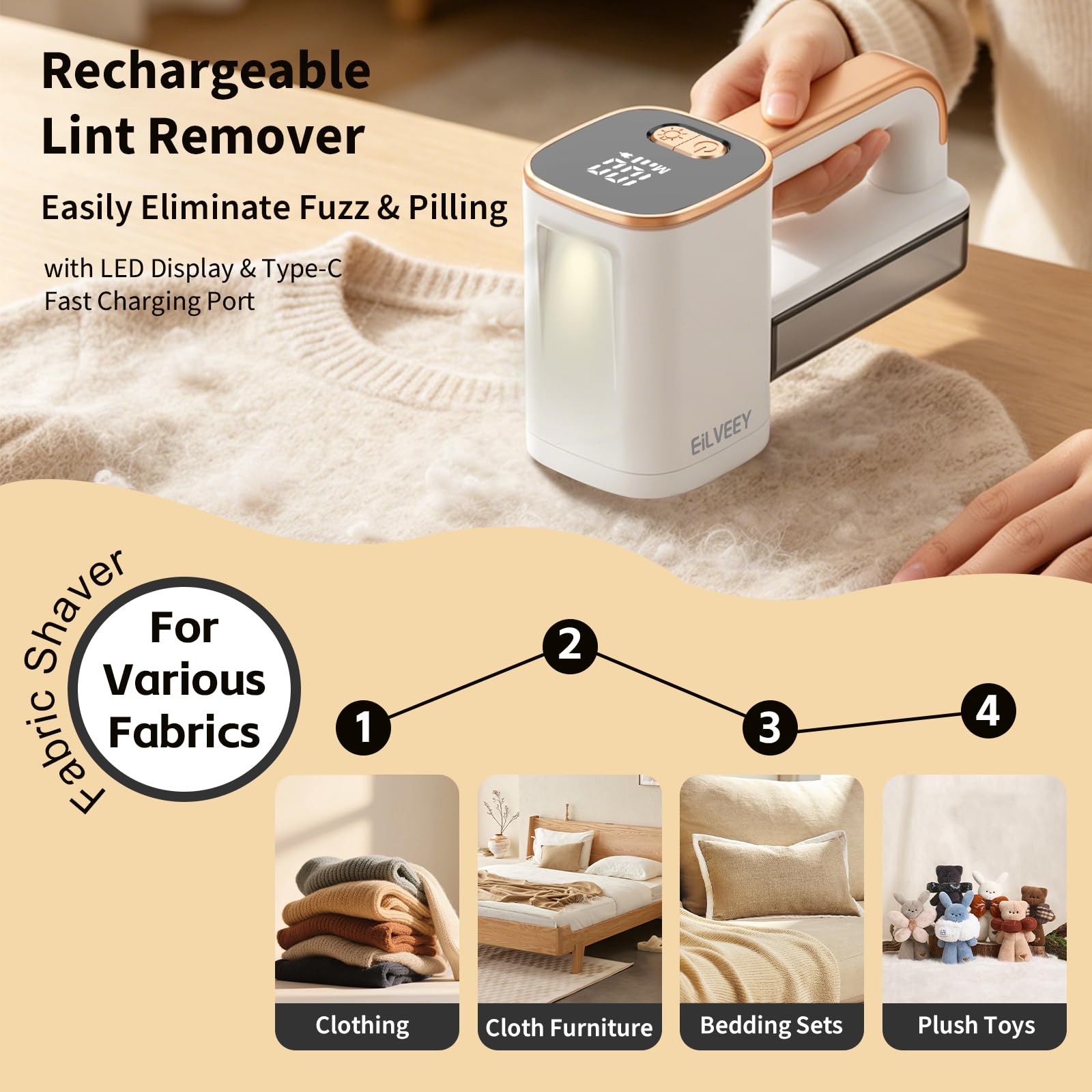Fabric Shaver Rechargeable Lint Remover with 3 Extra Blades & Light