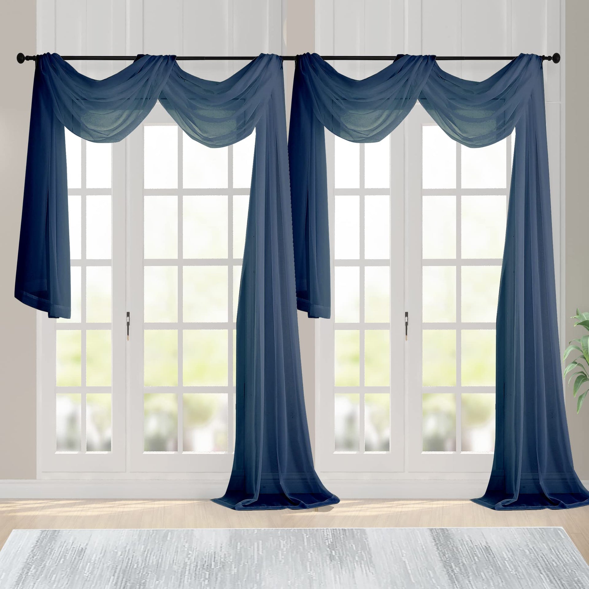 Navy Blue Sheer Scarf Valances for Windows 216 Inch Extra Long (2 Count)