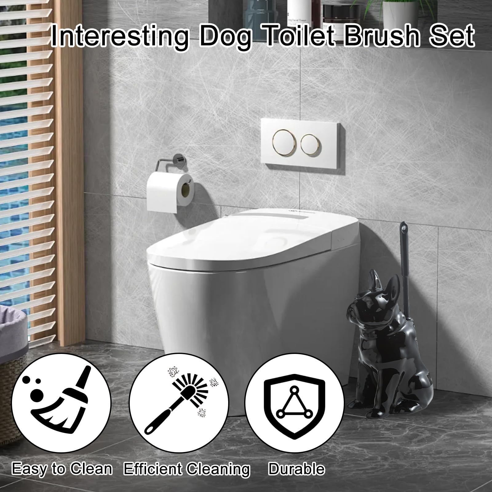 Ceramic Dog Black Toilet Brush and Holder Set with Plastic Handled