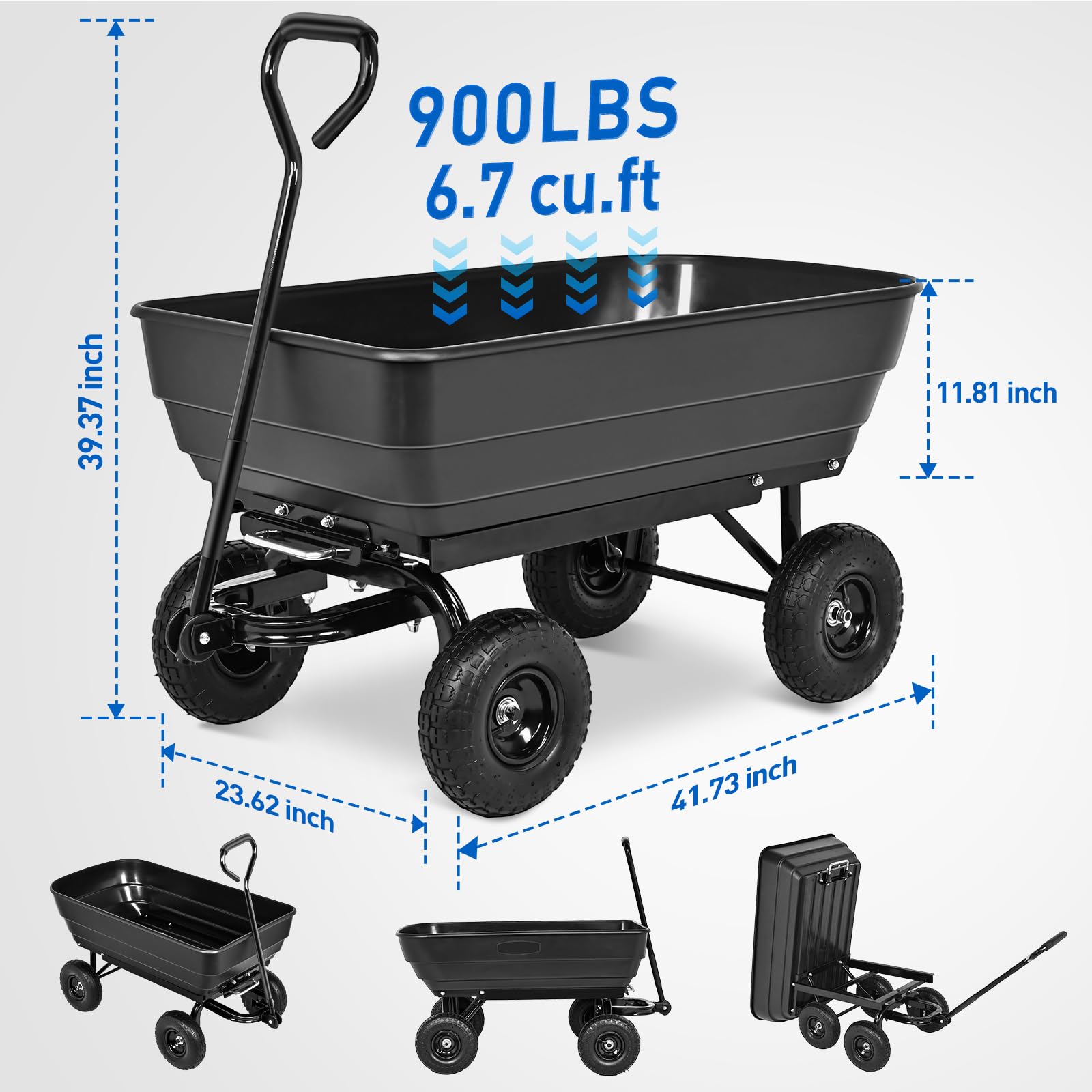 Garden Carts 900lbs Dump Wagon with All Terrain Inflatable Wheels for Yard Lawn Farms Gardening