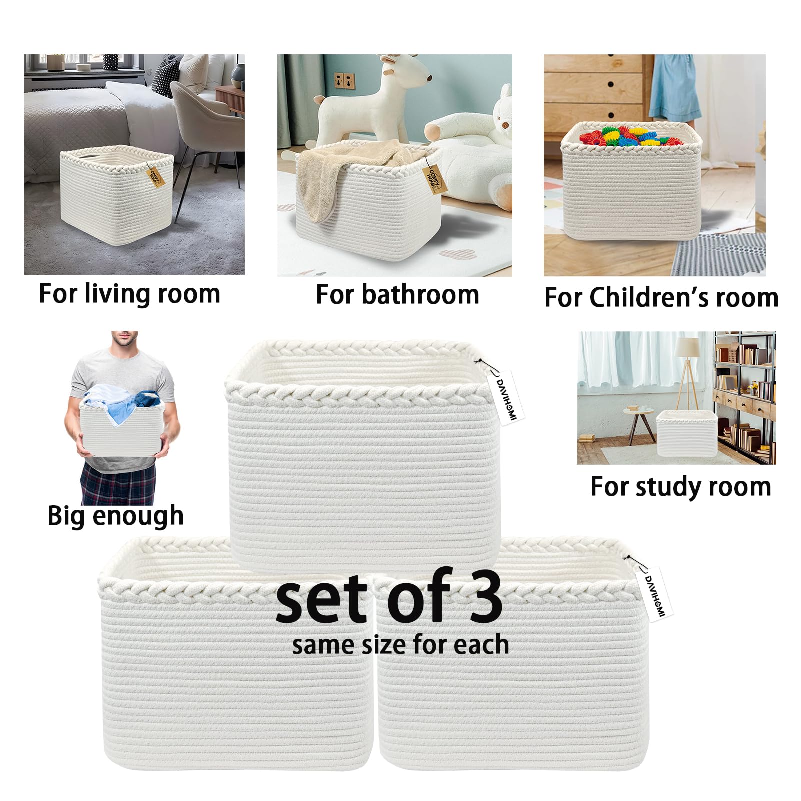 3PACK Cotton Rope Square Basket with Handles for Shelves (3 Count)