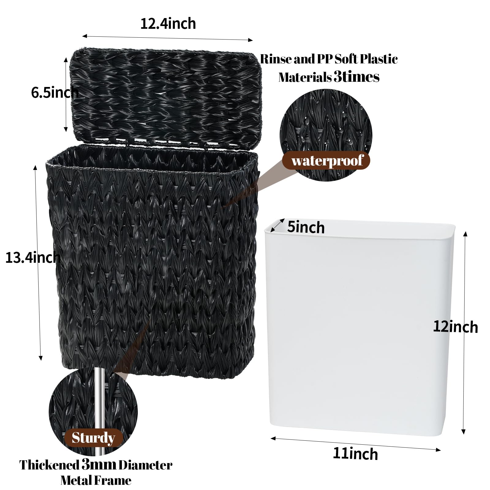 Black Wicker Trash Can with Lid and Liner