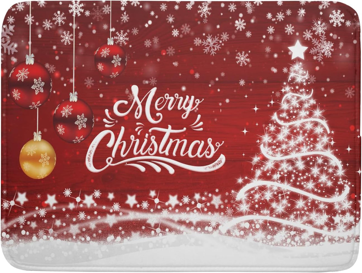 Merry Christmas Dish Drying Mat for Kitchen Counter Winter Snowflake Pine Fast Absorbent Red Drying Mat 16x18 Inch Xmas Jingle Bells Decoration Dishes Pad Dish Drainer Rack Mats Holiday Decor
