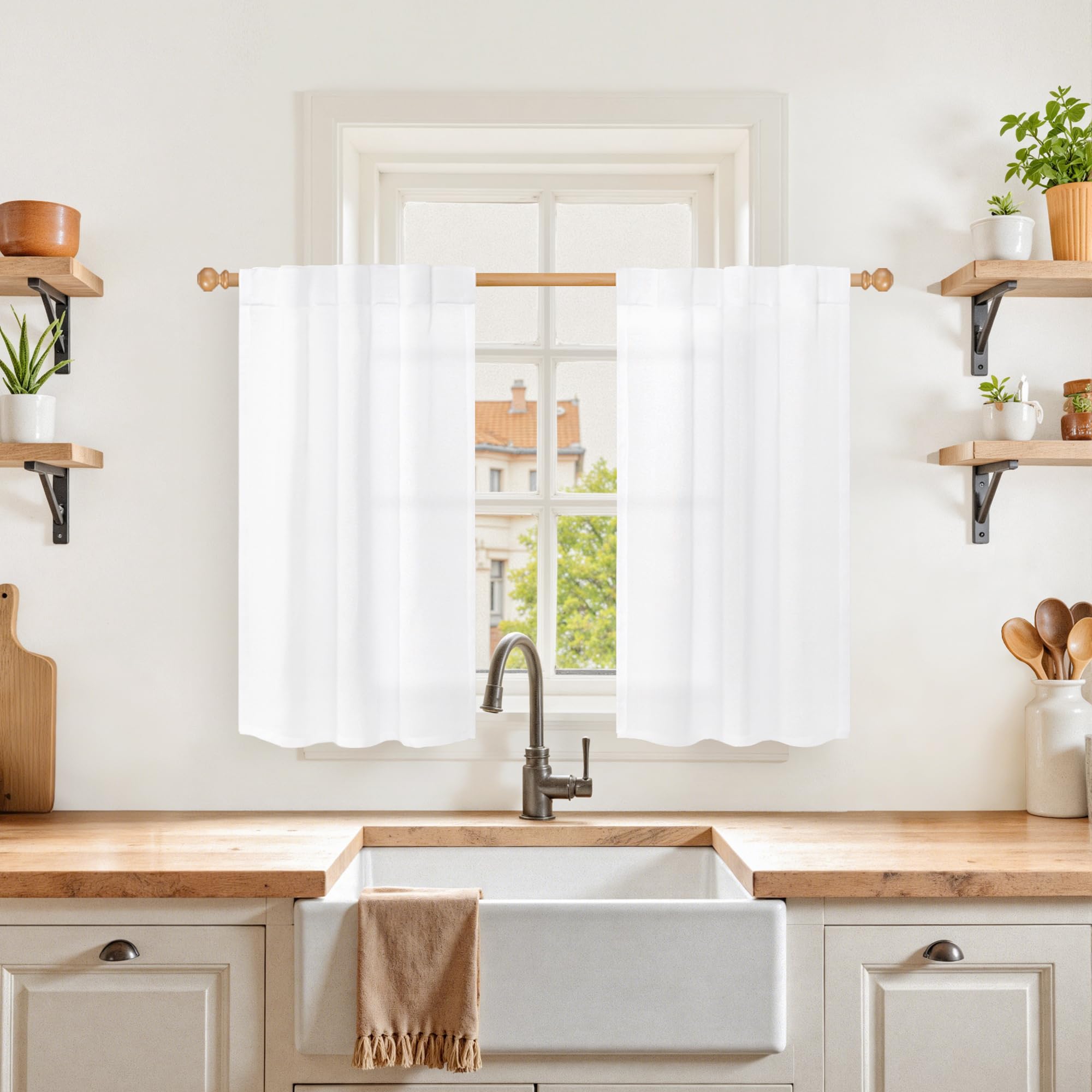 White Linen Kitchen Window Curtains 36 Inch Length Over Sink (2 Count)