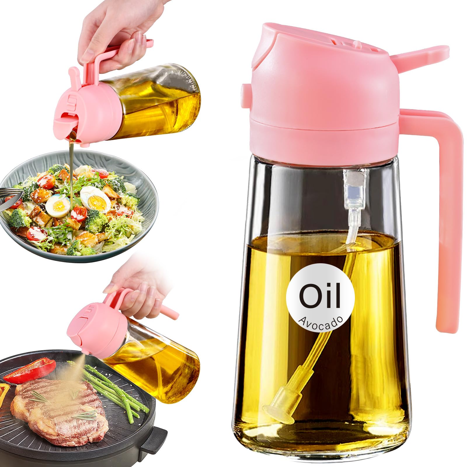 16 oz 2-in-1 Glass Olive Oil Sprayer for Cooking, Pink