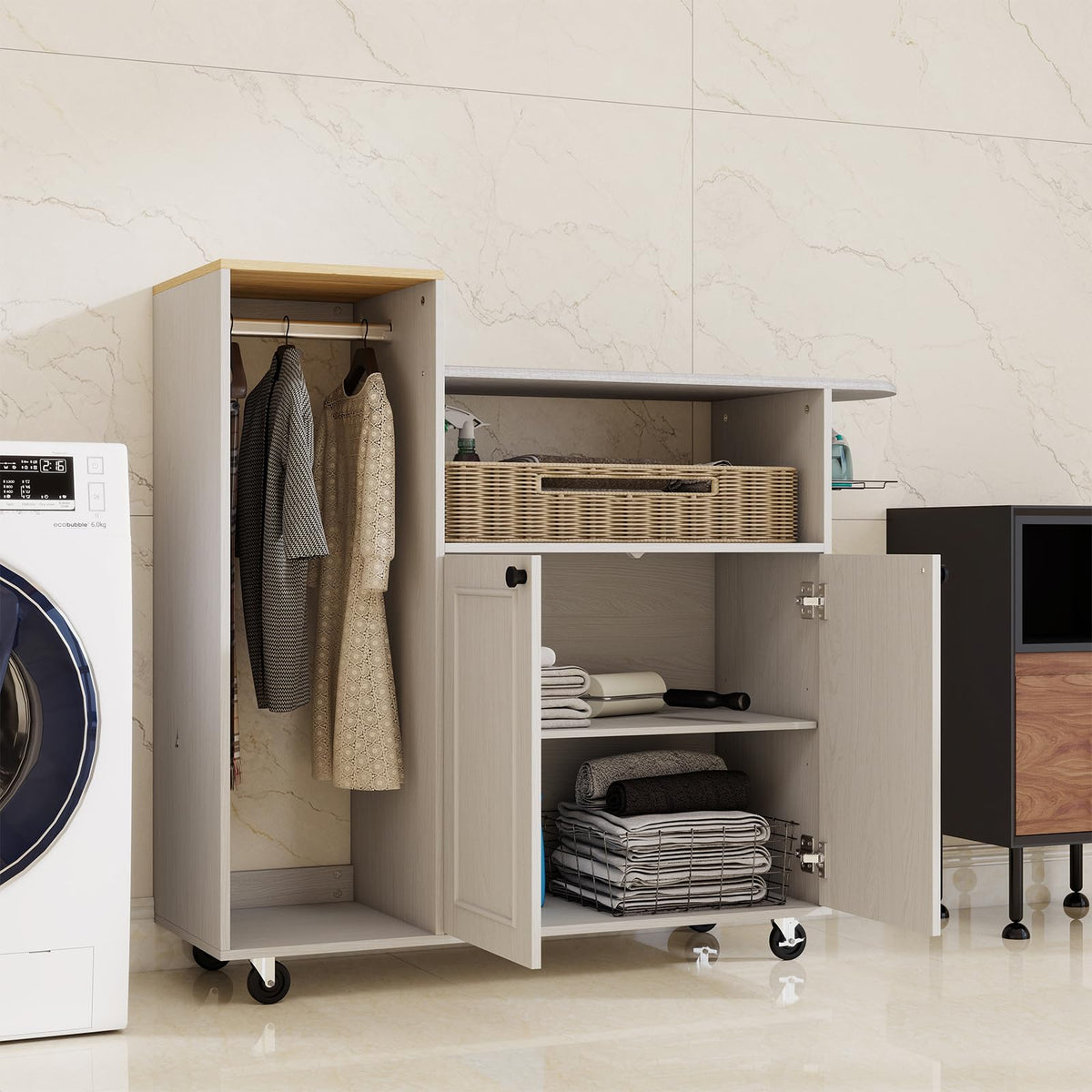 Multipurpose Rolling Ironing Board with Storage Cabinet
