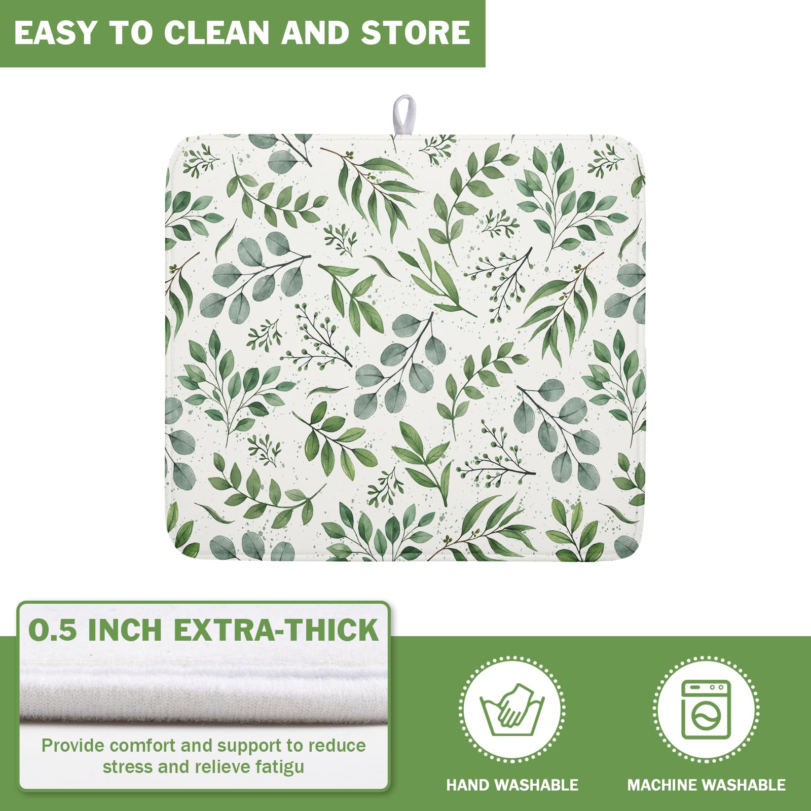 Sage Green Dish Drying Mat 16x18 In Absorbent Reversible Eucalyptus Leaves Plant Drying Mat Green Plant Dish Drying Rack Mat Spring Summer Themed Dish Drainer Mat for Kitchen Counter Coffee Bar