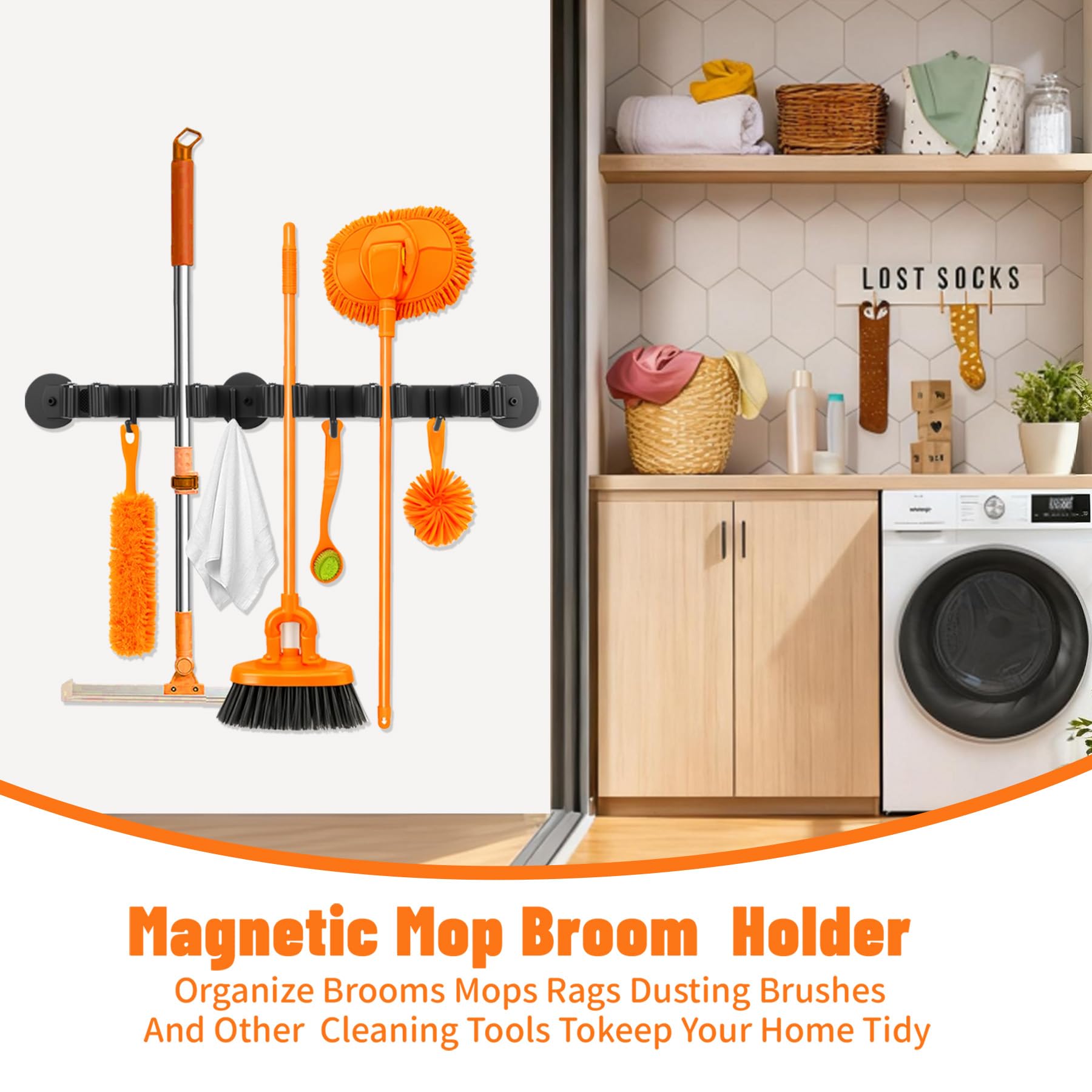 Magnetic Broom Holder Wall Mount with 4 Hooks and 5 Rack