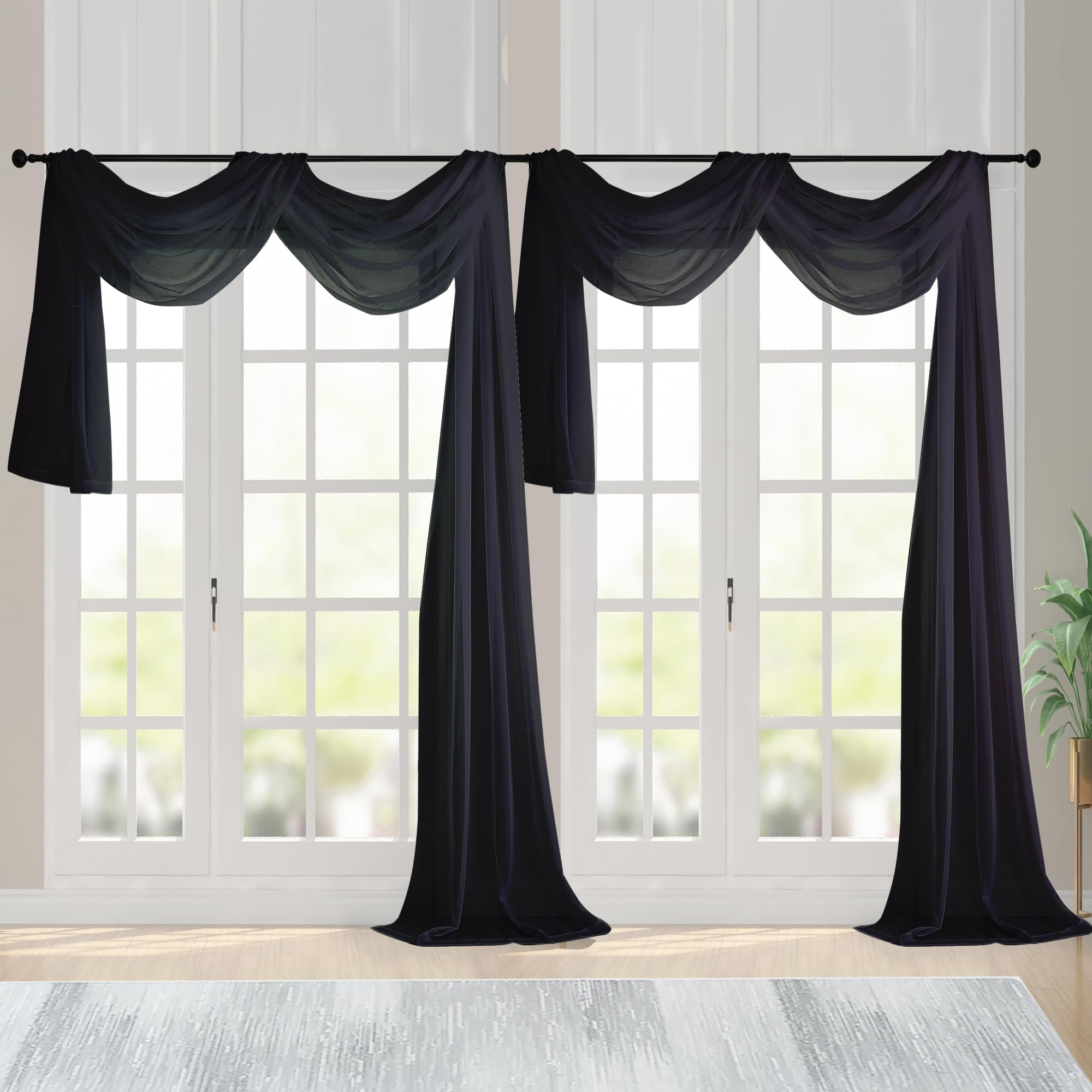 Extra Long Black Sheer Curtains 144 inch 2 Panels (2 Count)