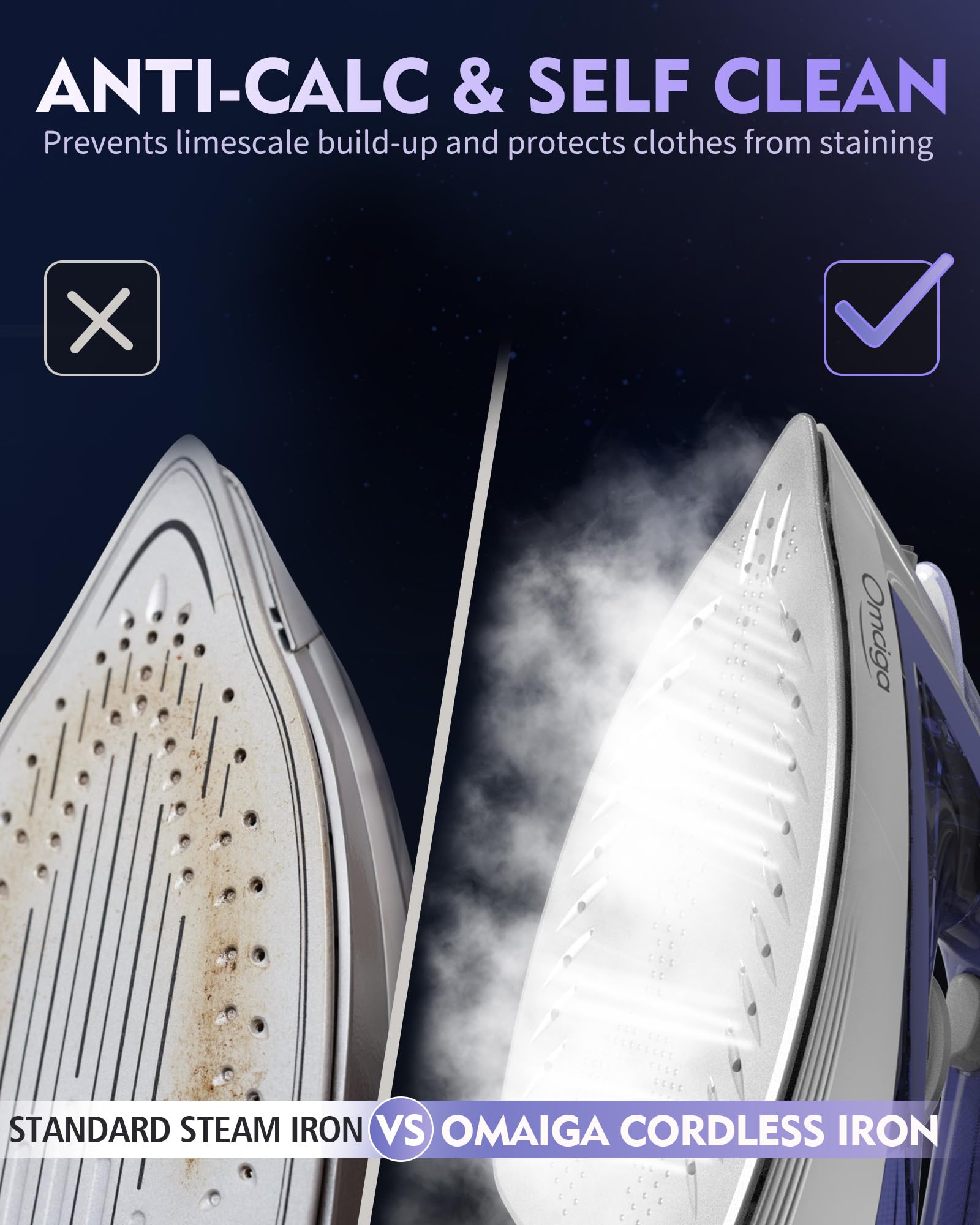 2-in-1 Cordless and Corded Steam Iron for Clothes, 1550W, Lavender