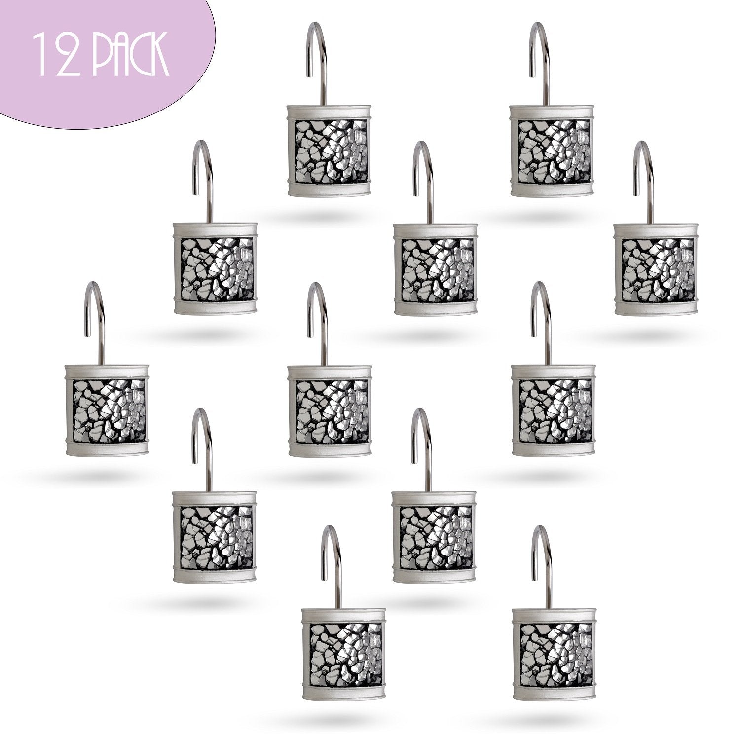 Silver Shower Curtain Hooks Decorative (12 Count)