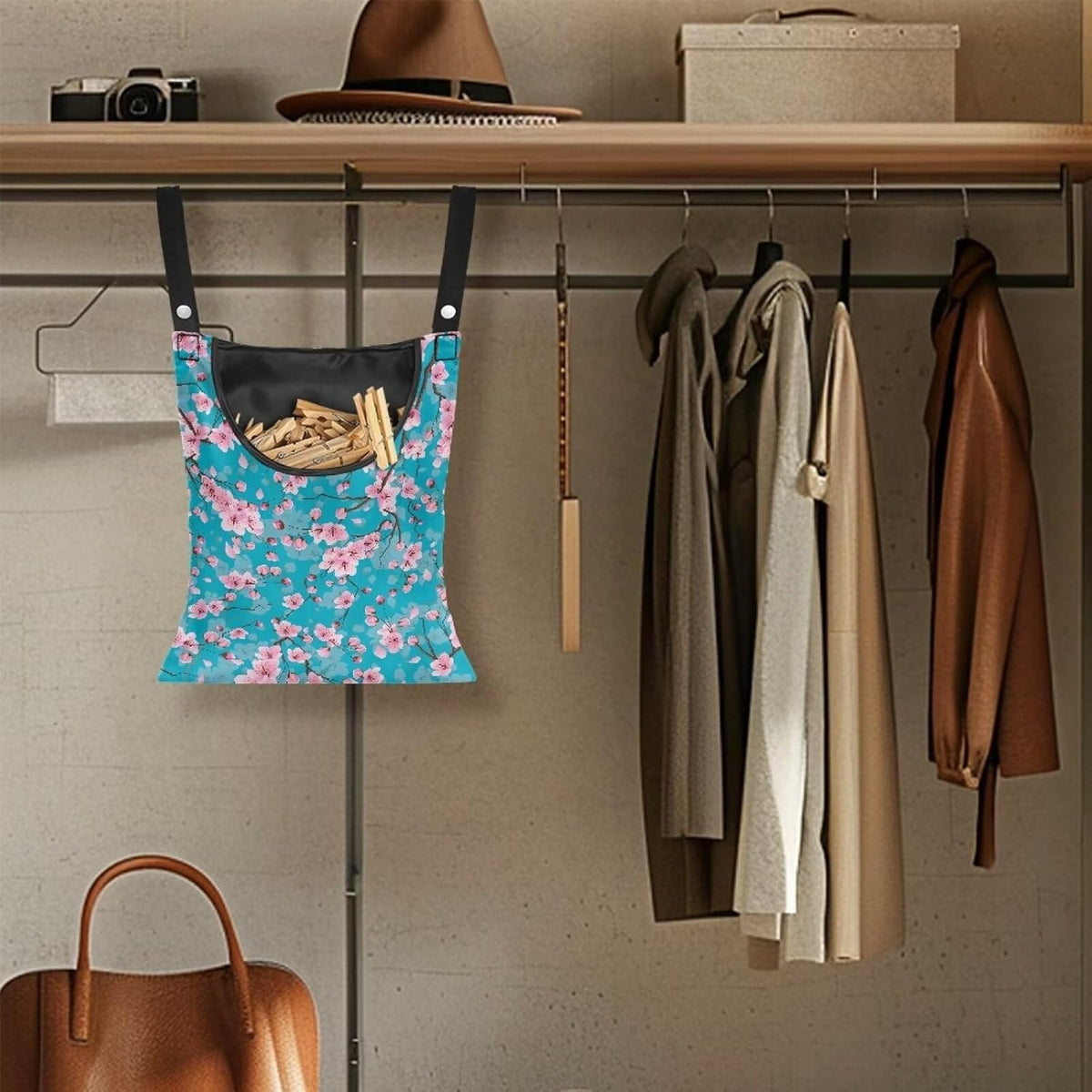 Cherry Blossom Clothespin Pouch with Hanging Hook - Waterproof Clothespin Storage for Outdoor Use