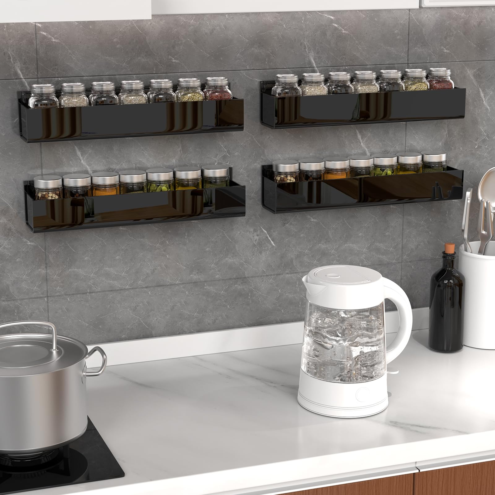4 Pack Black Acrylic Spice Rack Organizers for Cabinet Doors
