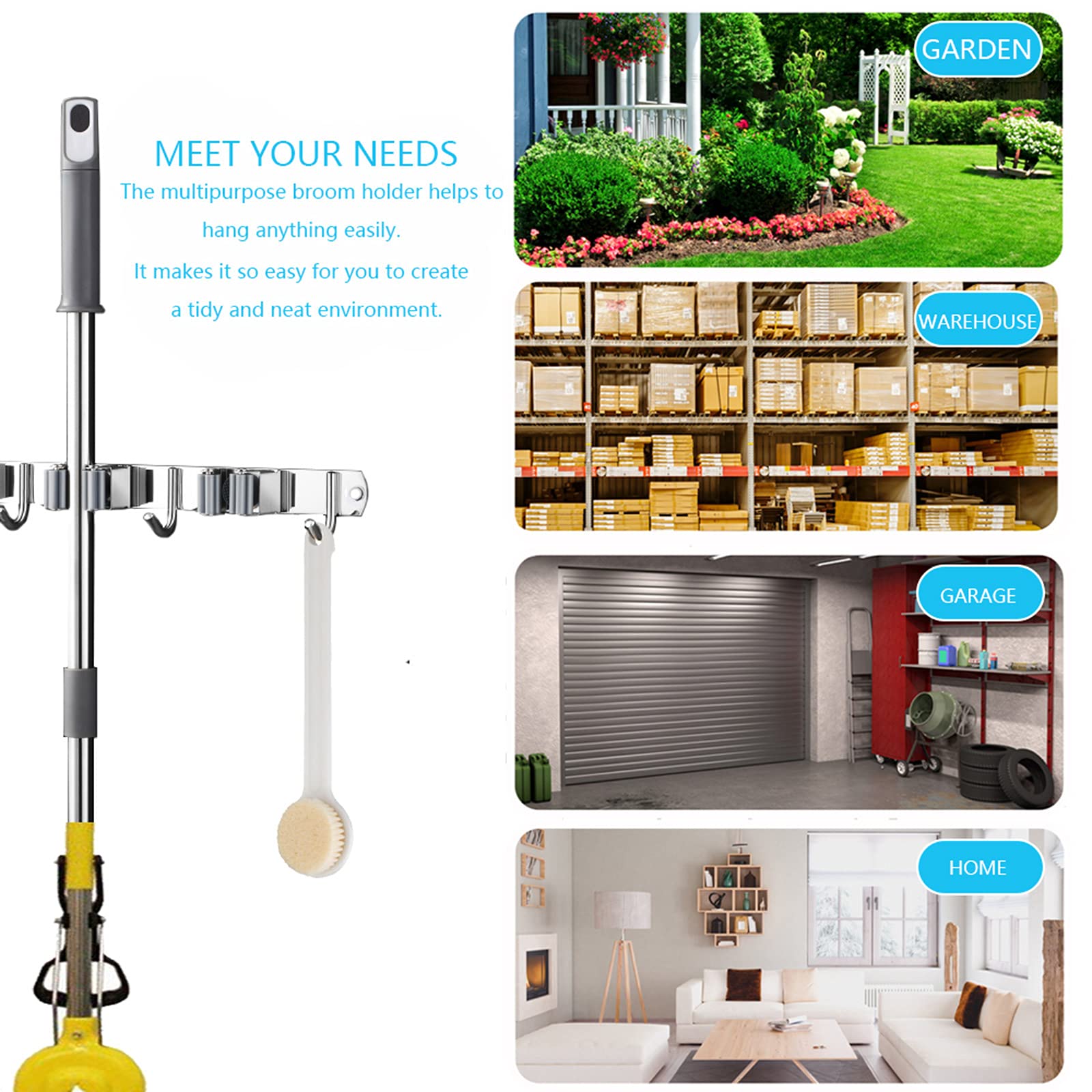 2 Pcs Mop Broom Holder Wall Mounted