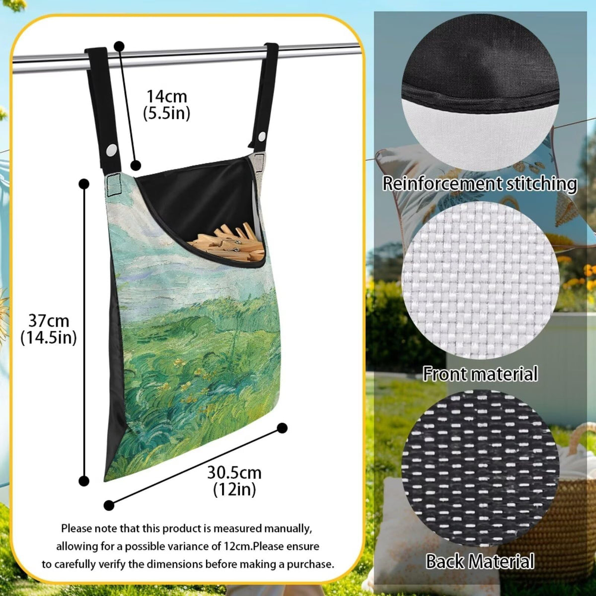 Green Wheat Field Print Windproof Clothespin Holder Bag for Outdoor Use