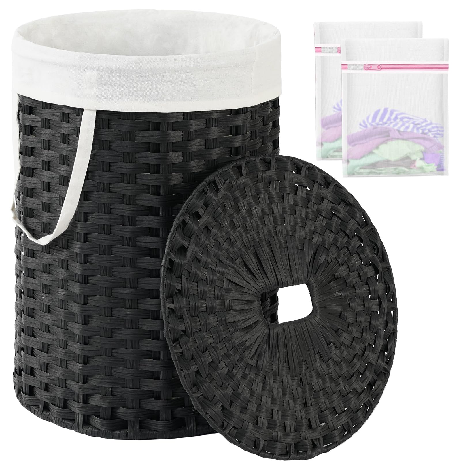 Laundry Hamper with Lid 23.8 Gal Handwoven Laundry Basket Black