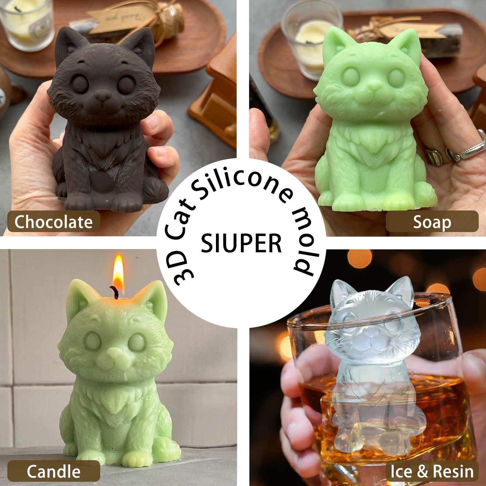 3D Cat Ice Cube Silicone Molds Tray for Whiskey (2 Count)