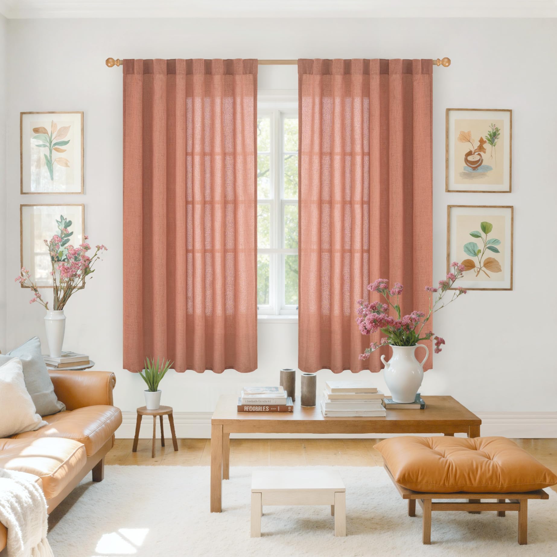Rust Terracotta Linen Curtains 63 Inch Length (2 Count)