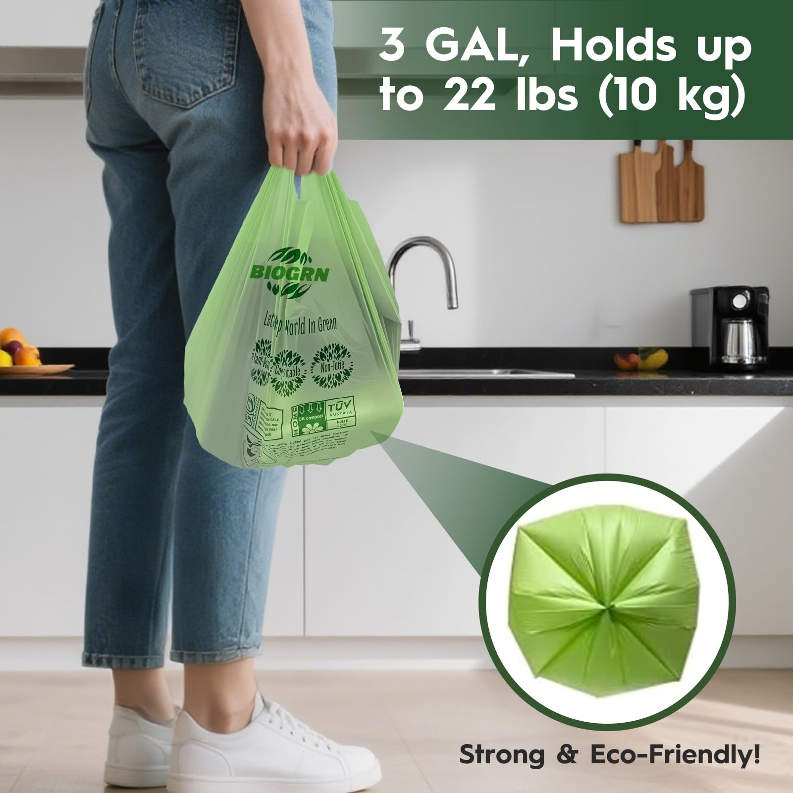 2.6 3 Gallon Compostable Trash Bags with Handles 80 Count 0.67 Mil 11.36 L Small Kitchen Wet Food Scrap Waste Compost Bag for Countertop Bin ASTM D6400 US BPI and OK Compost Home Certified