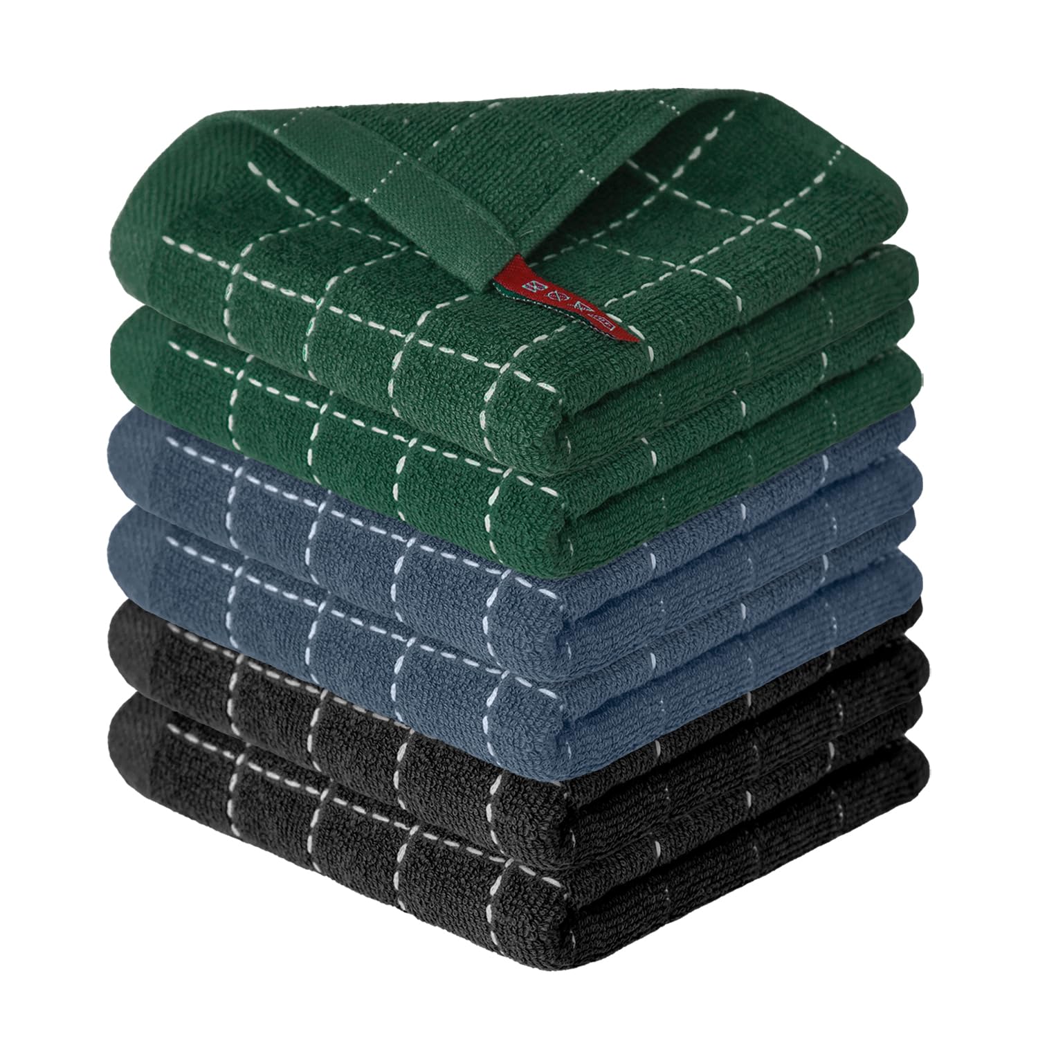 Checkered Designed Cotton Grey Black Green Terry Kitchen Dish Cloths (6 Count)