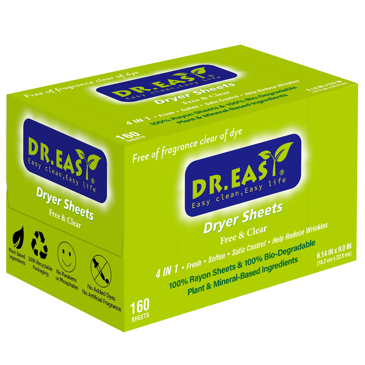 Dr.Easy Dryer Sheets Free & Clear Plant Based all ingredients for Sensitive Skin 160 Ct 100% Rayon Fabric Softener sheet unscented & no dyes Reduce Static & Wrinkles Soften Clothes Help Repel Pet Hair (160 Count)