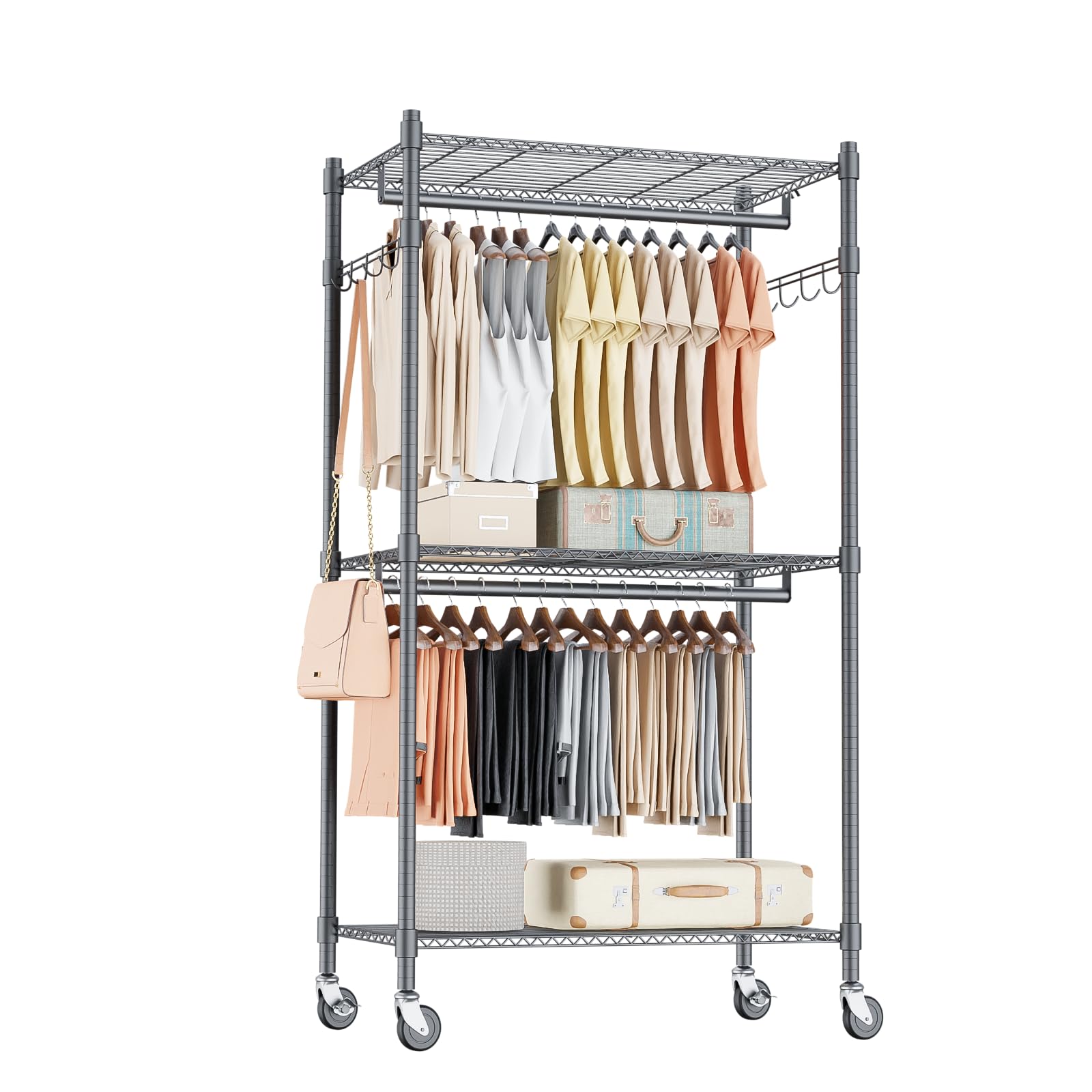 Narrow Rolling Garment Rack with Double Rods and 3 Adjustable Shelves