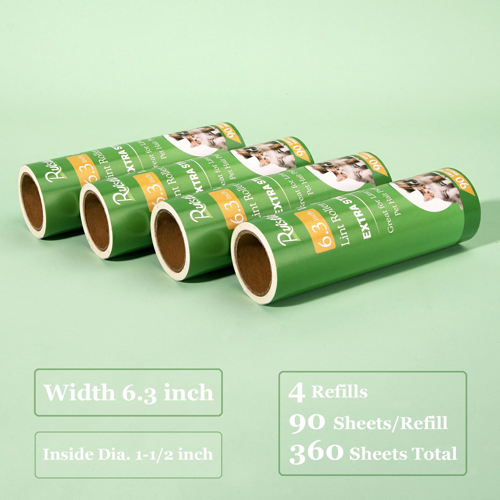 6.3 inch Lint Roller Refills Only for 6.3'' Large Lint Rollers Extra Sticky Lint Pet Hair 6.3 inch Replacement Rolls (360 Count)