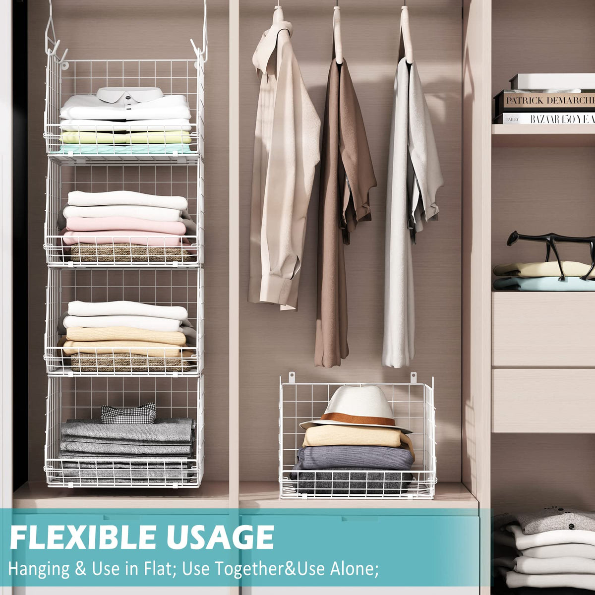 4 Tier Closet Hanging Organizer Foldable Dorm Closet Organizer White