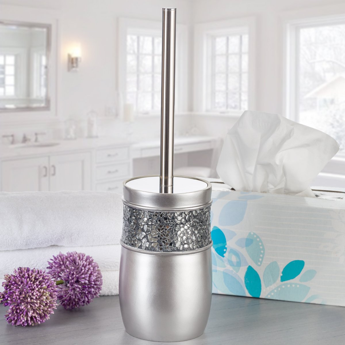 Crackled Glass 6 Pc. Silver Resin Bathroom Accessories Set (6 Count)