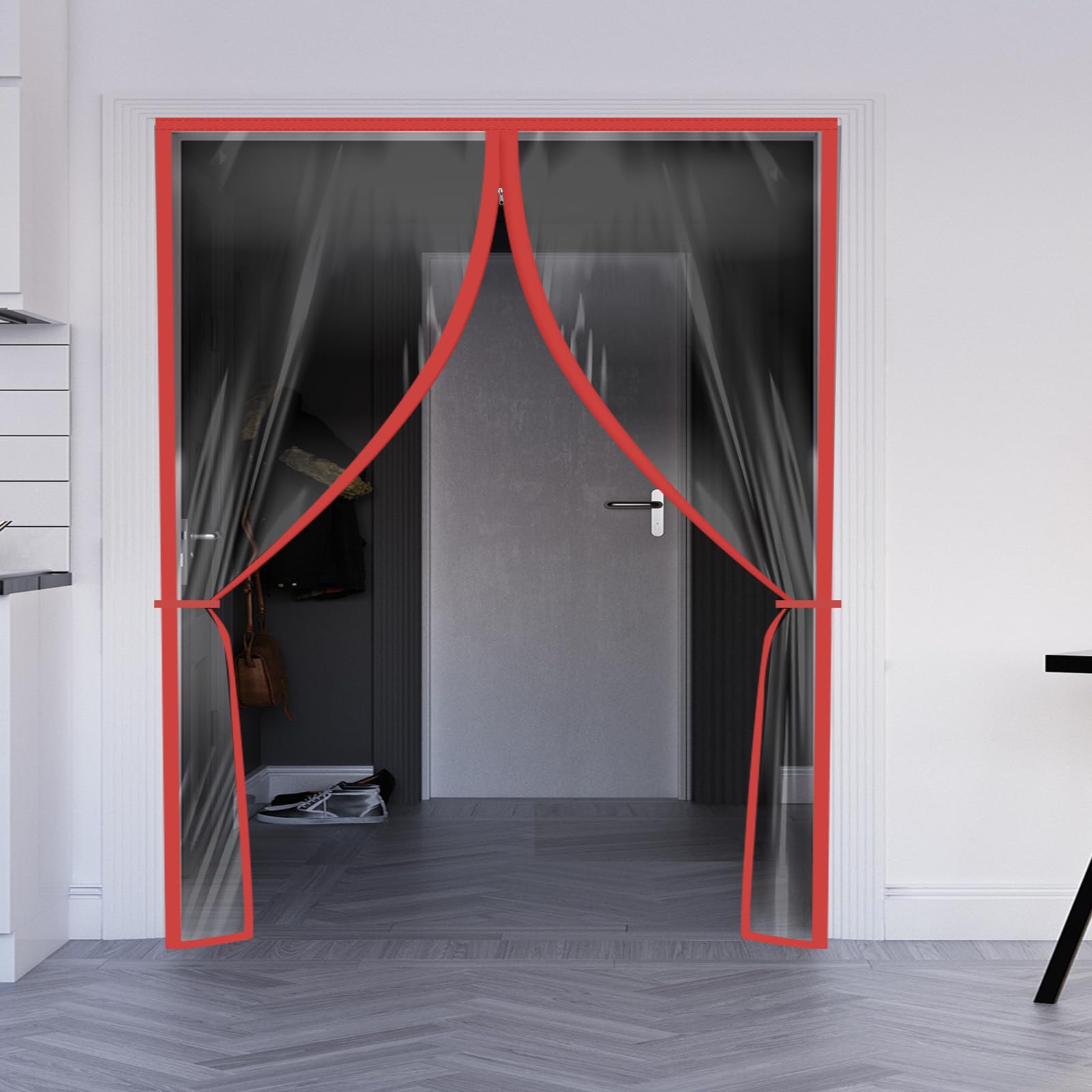 Zipper 72 x 80 Inch Dust Barrier Door Red 6 x 6.7 ft Winter Construction Door Reusable Plastic Curtain Cover Containment Standard Doorway Temporary Wall Screen Sheeting for Bathroom Hallway