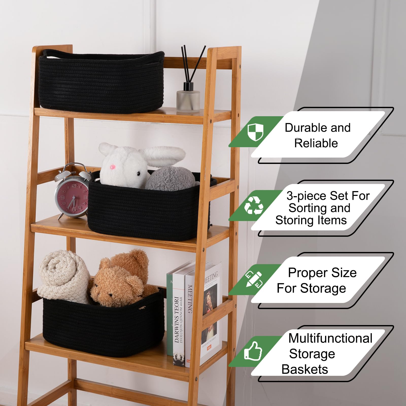 3 Pack Storage Baskets for Shelves Cotton Rope Storage Bins Black (3 Count)