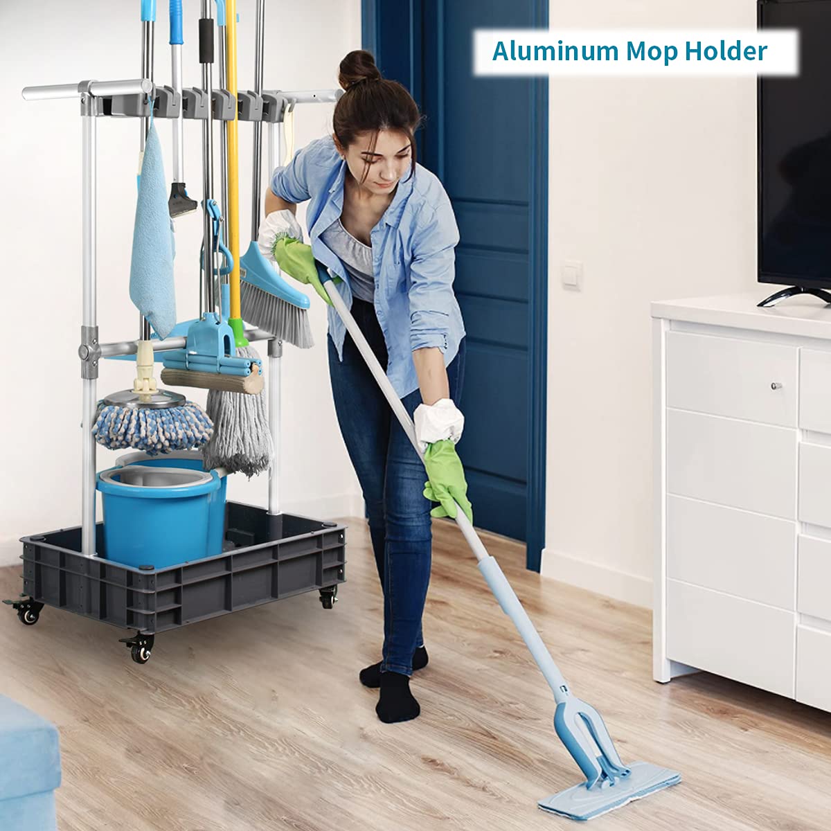 Broom And Mop Holder Put Wet Mops Movable Floor
