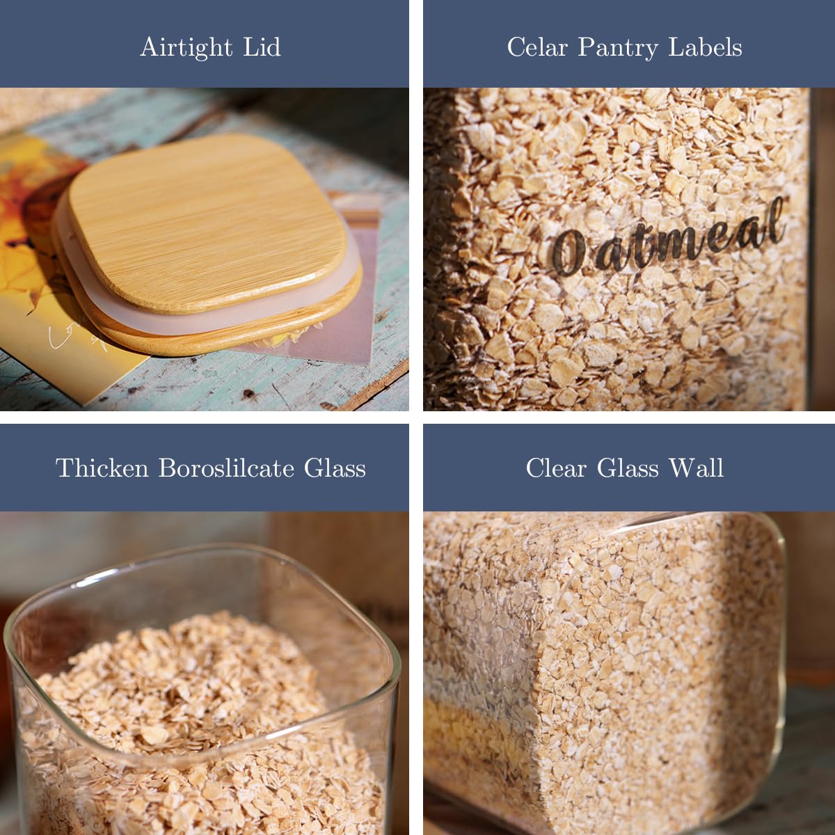 6 Pcs Square Glass Pantry Storage Containers with Bamboo Airtight Lid and 248 Clear Pantry Labels Preprinted