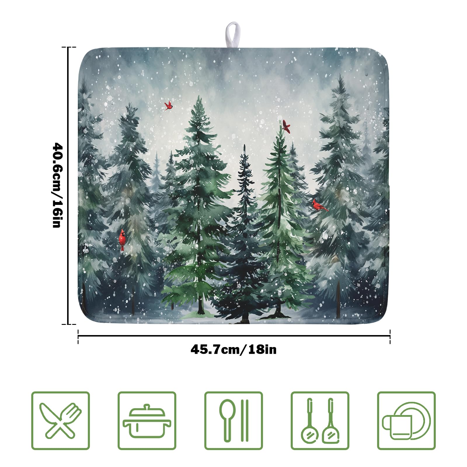 Winter Pine Tree Dish Drying Mat for Kitchen Counter 16x18 Inch Winter Snowflake Xmas Forest Dish Draining Mat Christmas Decorations Fast Absorbent Tableware Dishes Pad for Coffee Bar Countertop