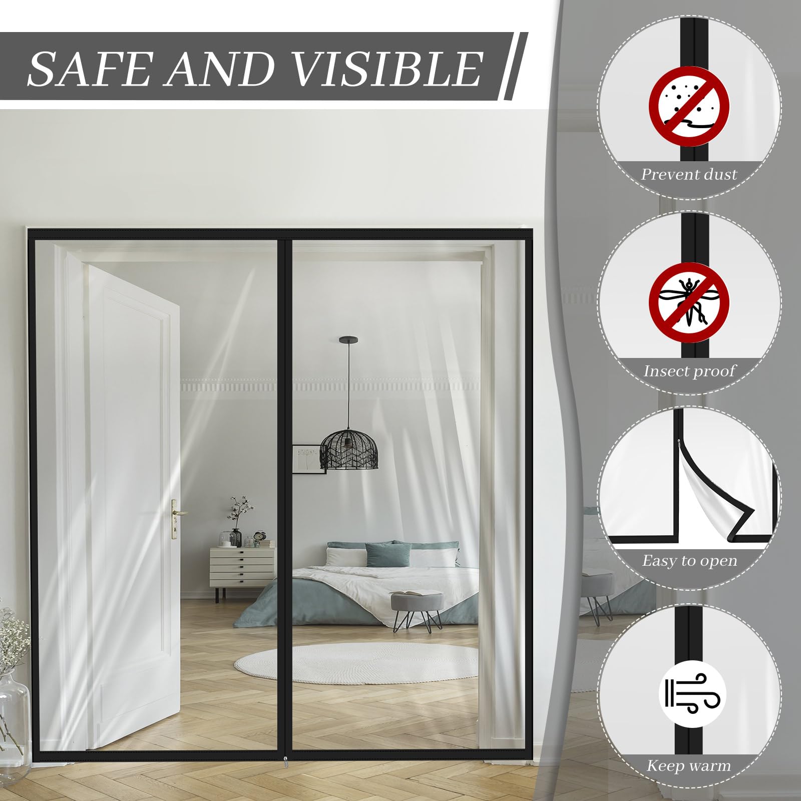 Zipper 72 x 80 Inch Dust Barrier Door Kit Construction Door Barrier 6 x 6.7 ft Reusable Plastic Curtain Cover Containment Standard Doorway Temporary Wall Screen Sheeting for Bathroom Hallway