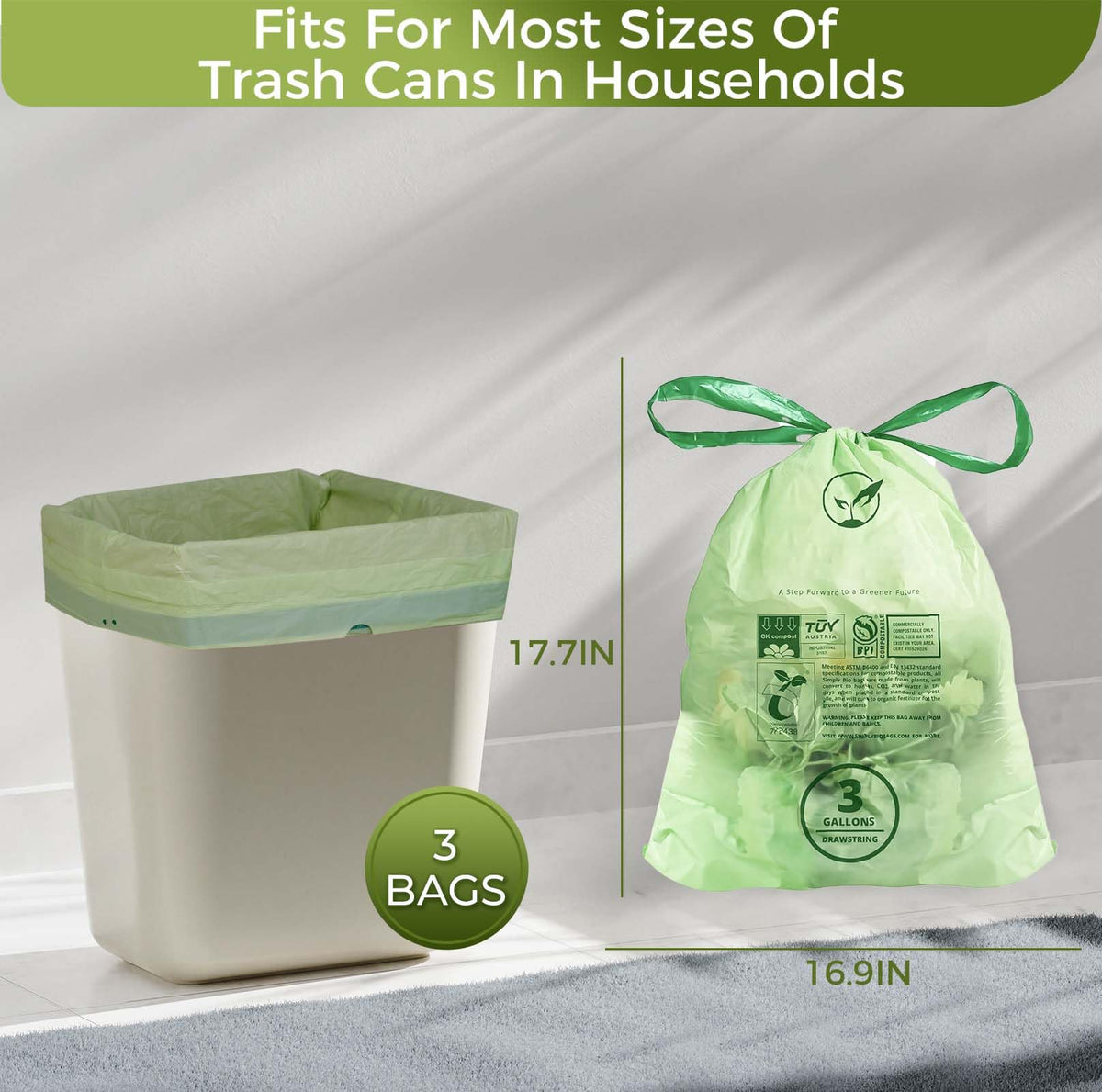 3 Gallon Compostable Trash Bags Drawstring (50 Count)