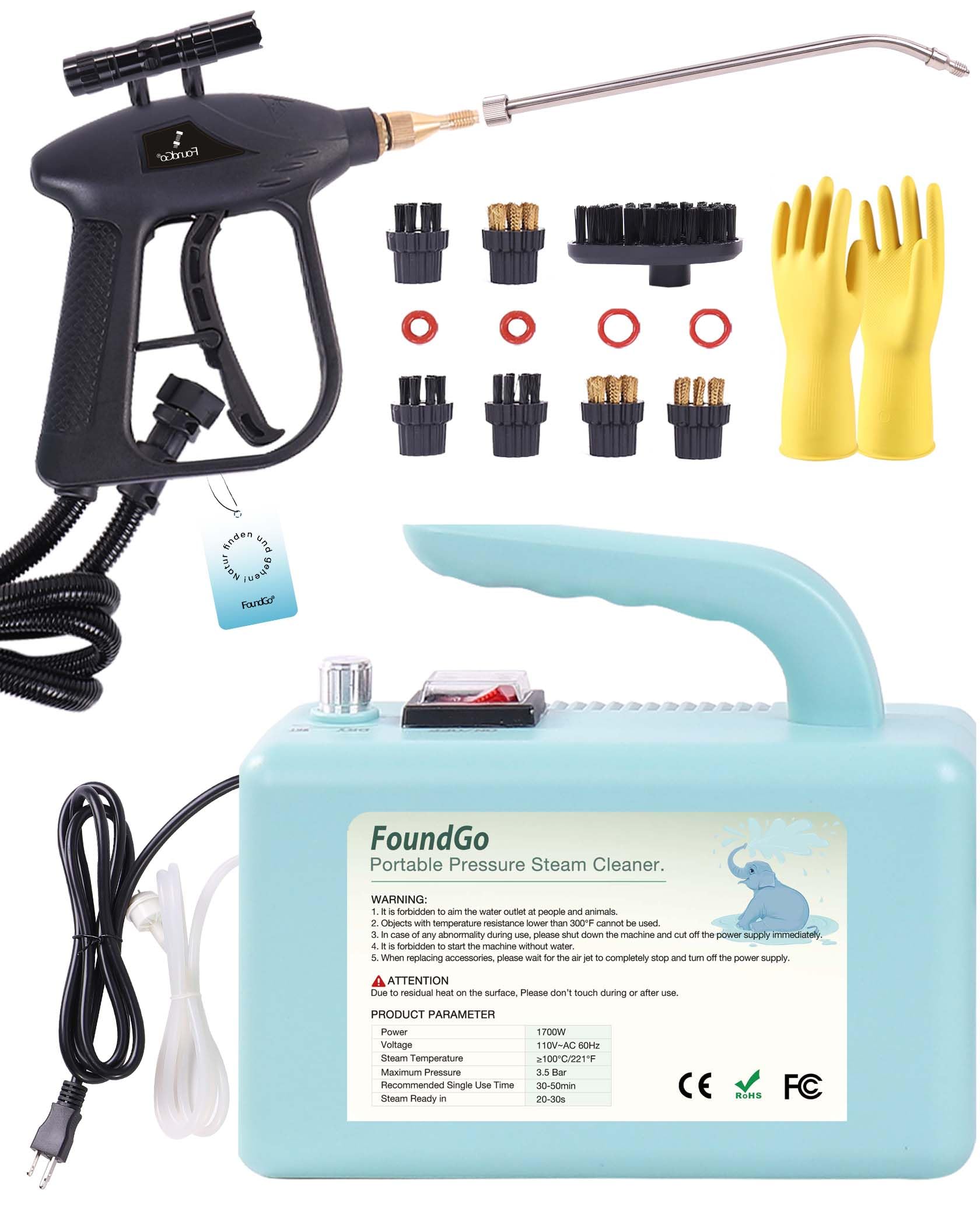 1700W Tankless Handheld Steam Cleaner with 7 Brushes 20s Heating to 239℉ Pressurized Portable Steam Cleaner