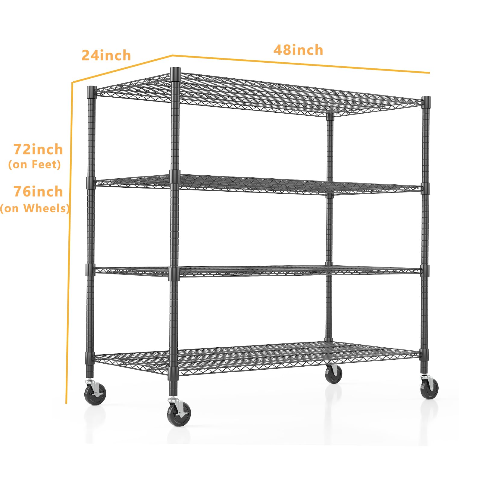 4 Tier Wire Shelving with Wheels Heavy Duty Height Adjustable Metal Shelves for Storage
