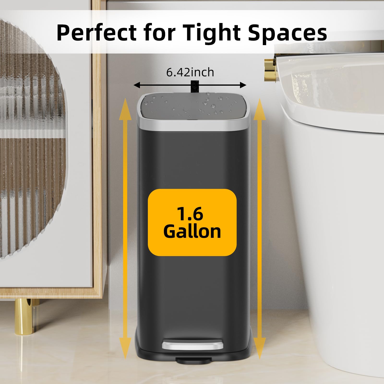 Stainless Steel Bathroom Trash Can with Lid Soft Close (60 Count)