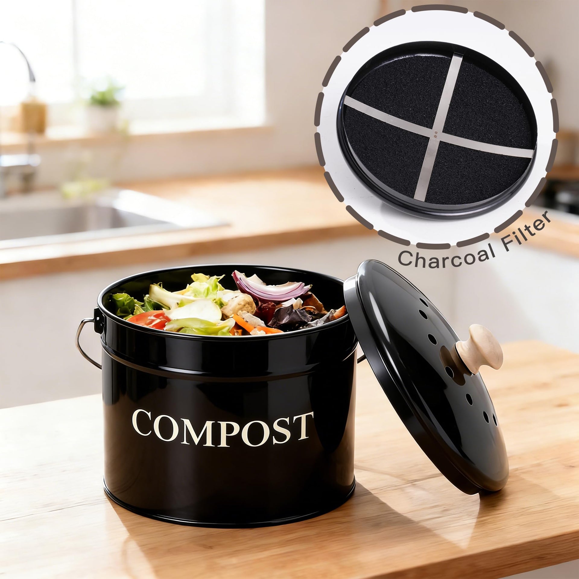 Compost Bin 1 Gallon Countertop Composter with Lid and Charcoal Filters