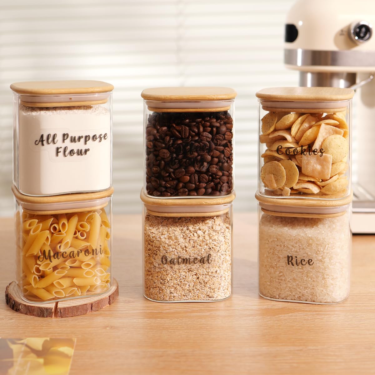 6 Pcs Square Glass Pantry Storage Containers with Bamboo Airtight Lid and 248 Clear Pantry Labels Preprinted