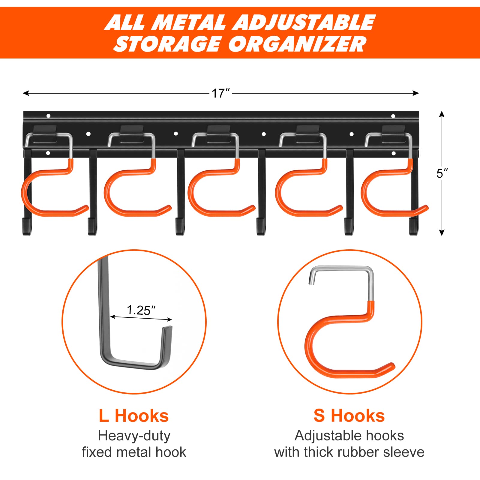 51'' All Metal Garden Tool Organizer Adjustable Garage Tool Organizer Wall Mount Garage Organizers and Storage with Heavy Duty Hooks Tool Hangers for Garage Wall