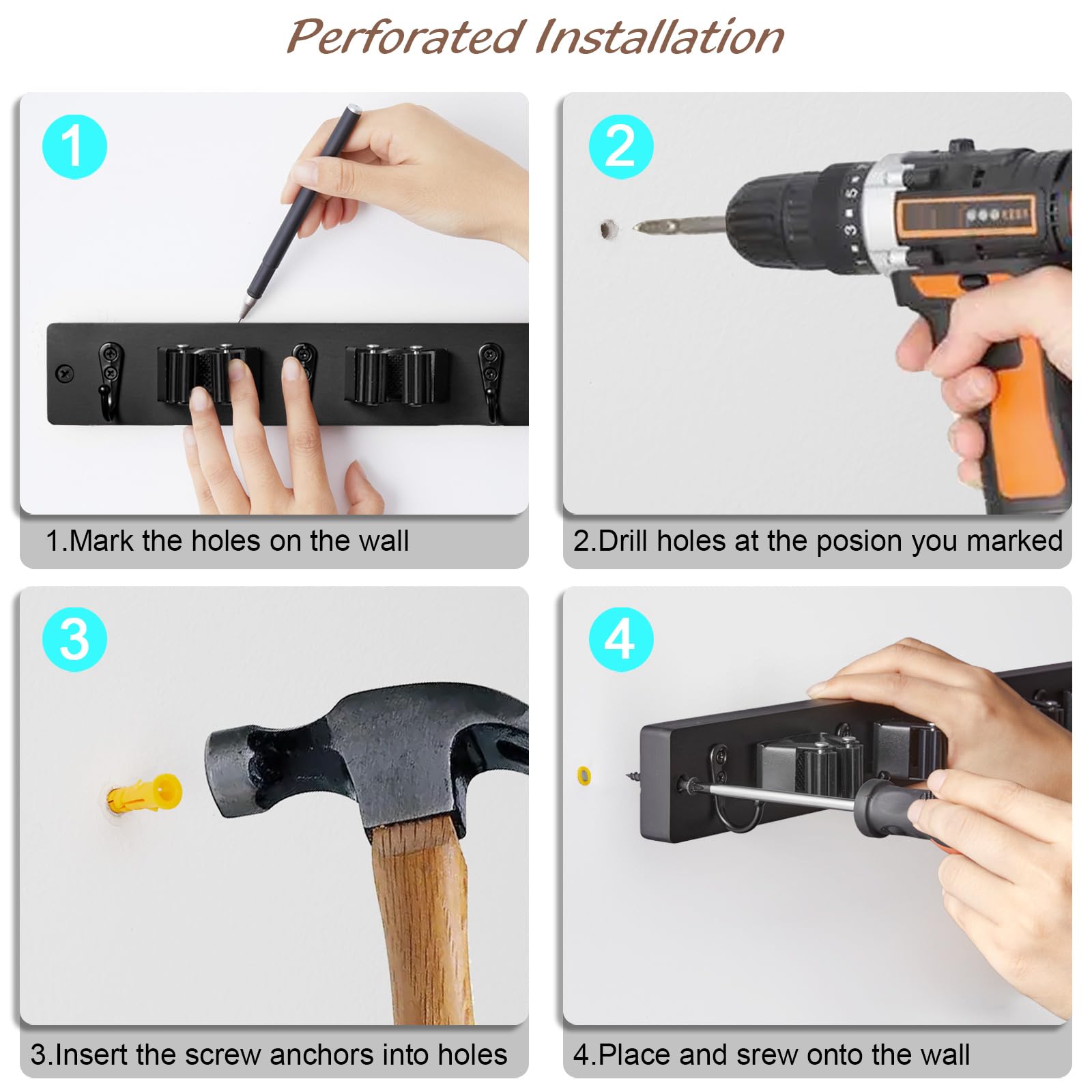 Black Mop Broom Holder Wall Mount with 3 Slots & 4 Hooks