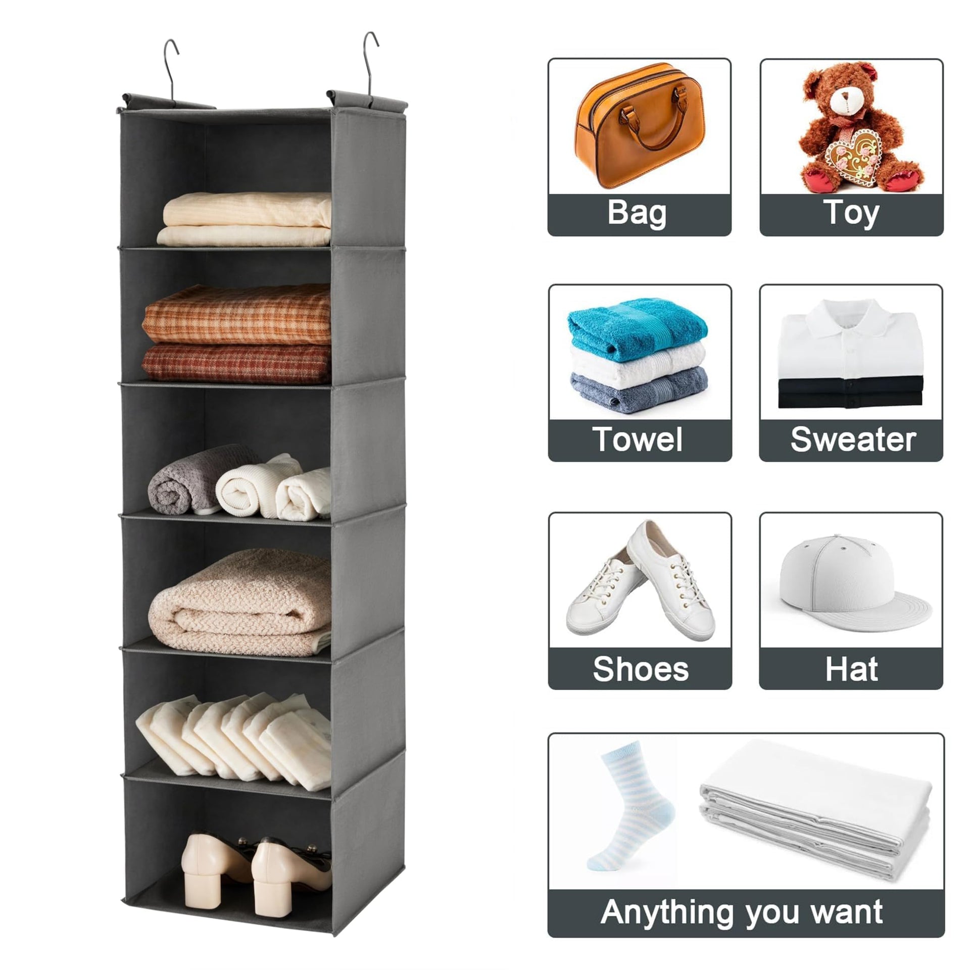 6 Tier Hanging Closet Organizer with 2 Sturdy Hooks