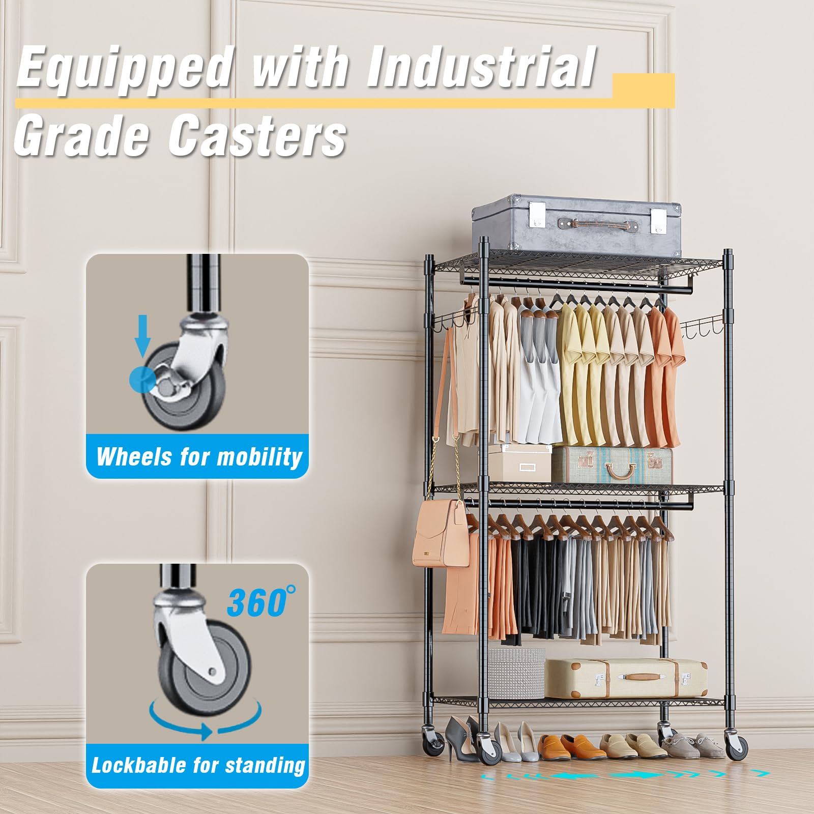 Heavy Duty Clothing Rack with 3 Tier Adjustable Wire Shelves