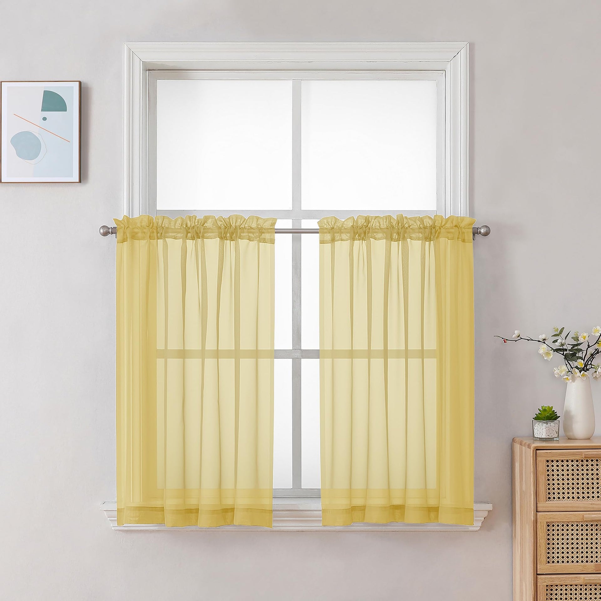 Mustard Yellow Short Sheer Curtains 30 inch Length (2 Count)