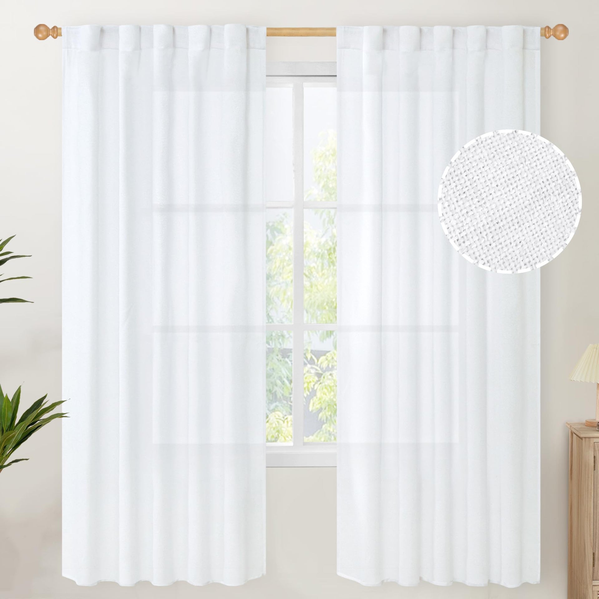 White Linen Semi Sheer Curtains 72 Inch Length 2 Panels for Living Room (2 Count)