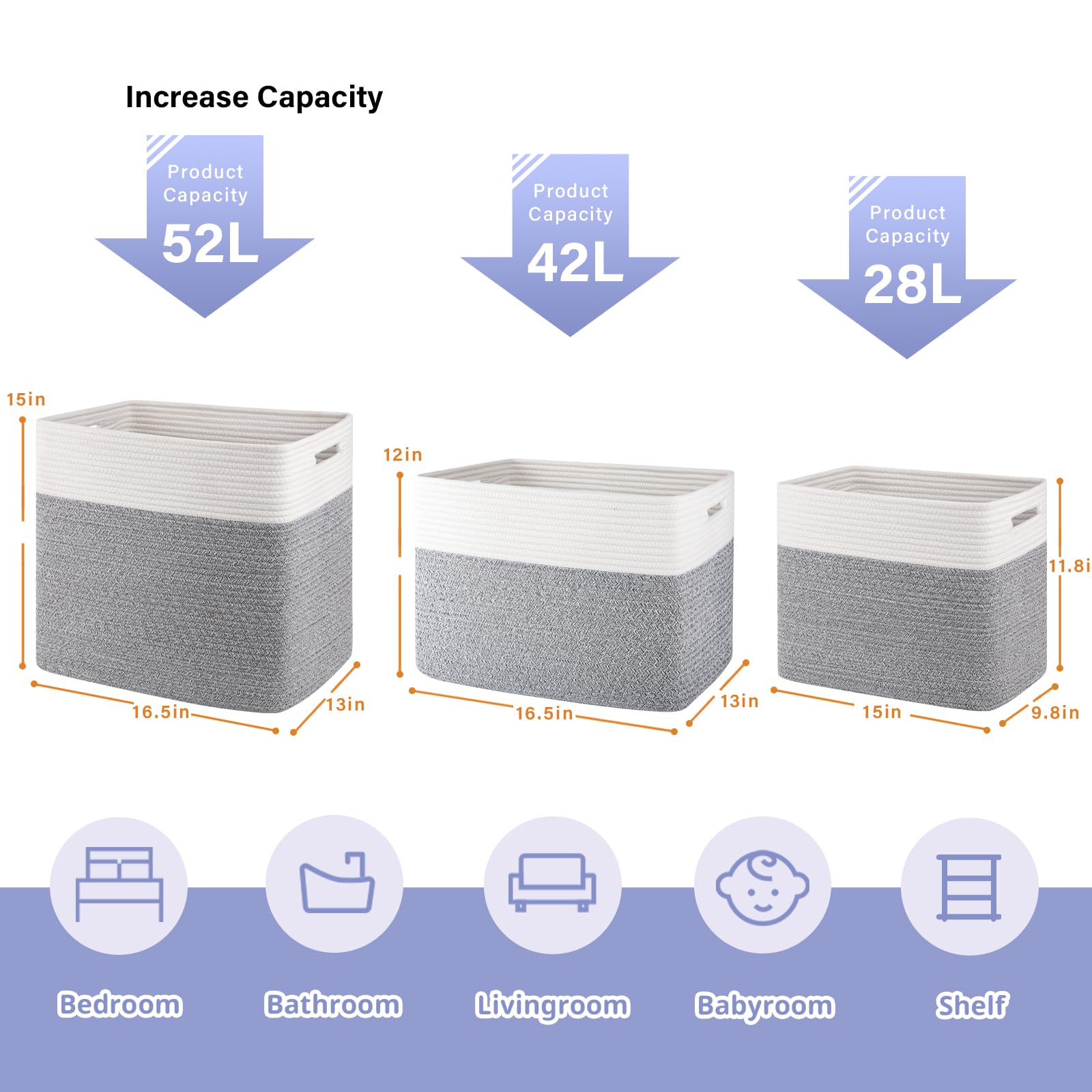 2 PACK Tall Storage baskets 42L Blanket Basket Living Room Grey (2 Count)