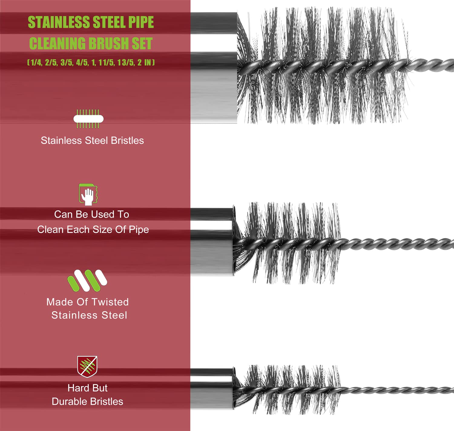 16 Inch Extra Long Pipe Cleaning Brush Set Stainless Steel Bristles
